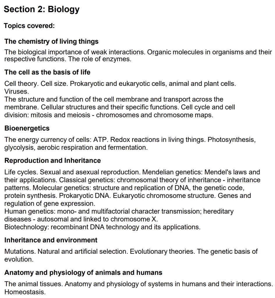 IMAT Biology section topics list and breakdown