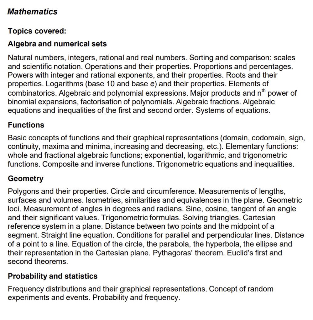 IMAT Math section topics list and breakdown