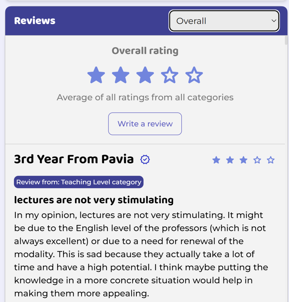The review section of the university of Pavia on our website. Each university has its own review section where real students can share their real experiences. We show a lot of feedback on different medical schools