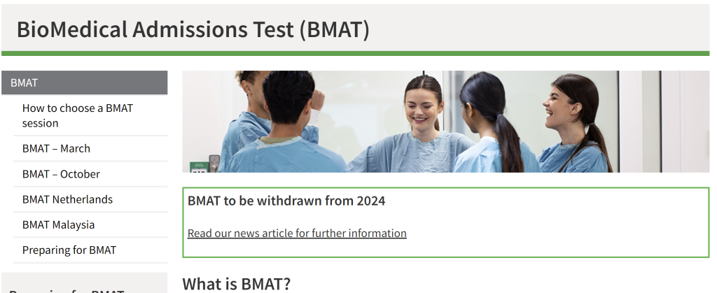 BMAT Section on the CAAT website withthe official cancelaation announcement