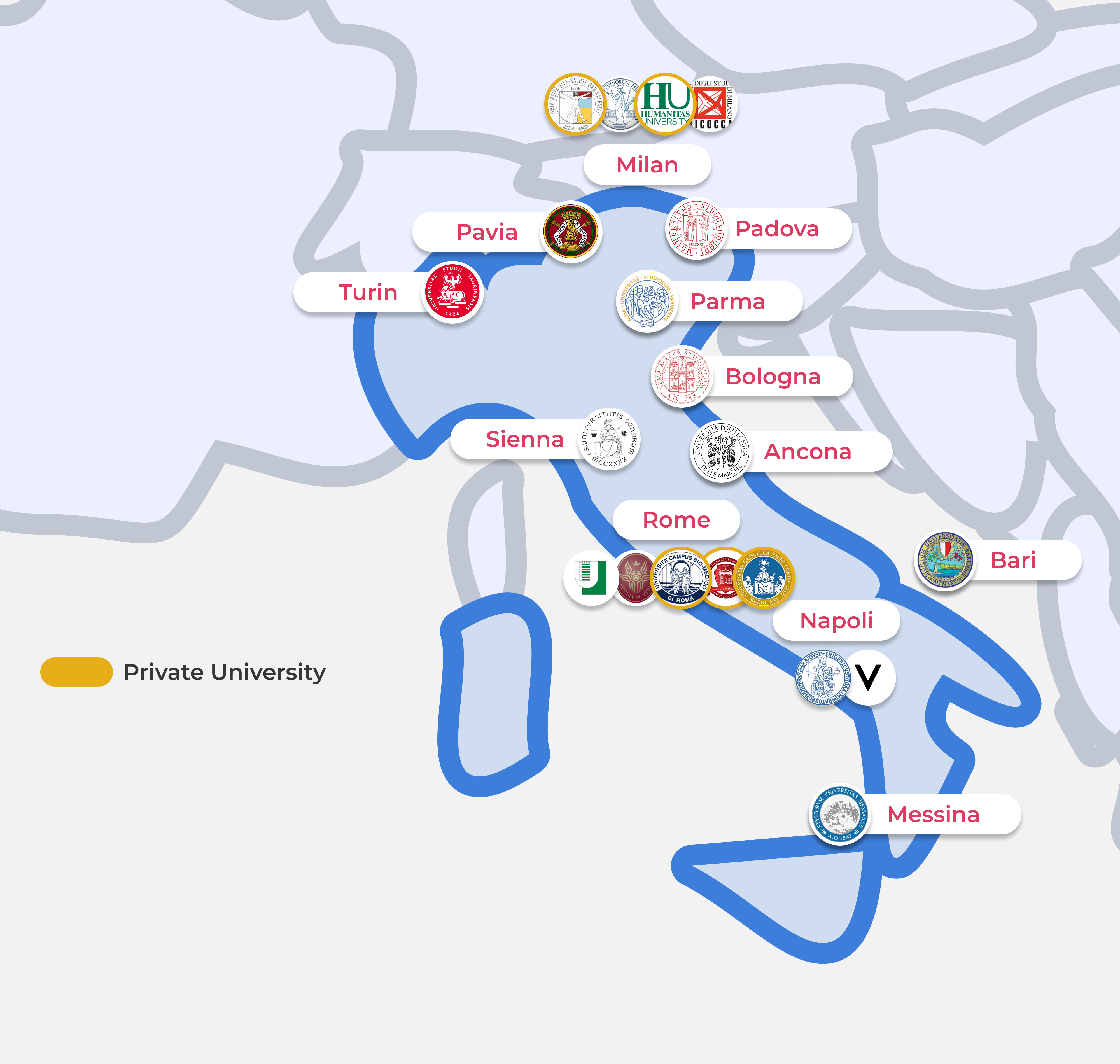 The different locations of the medical universities across italy