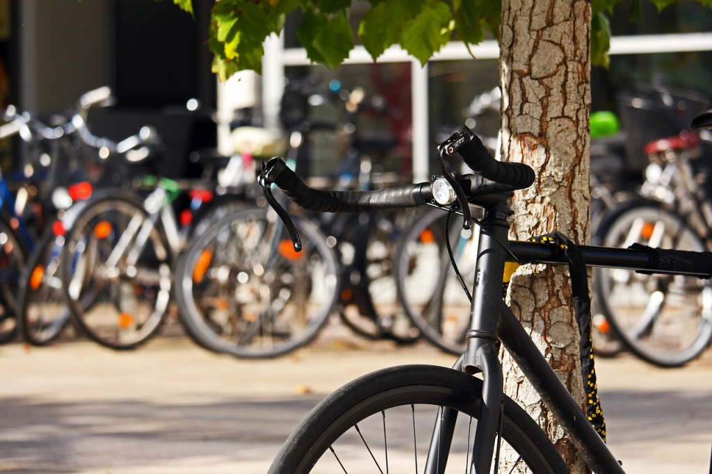 Student bikes parked in a lot